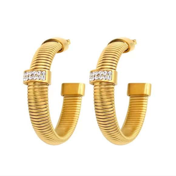 Designer Jewelry - 18k Gold Plated Omega Tubogas Zircon Crystal Hoop Earrings